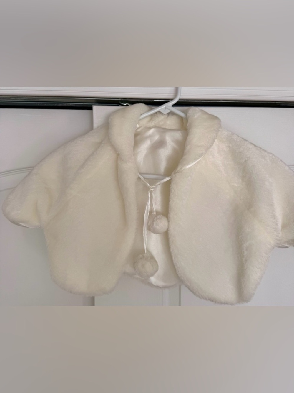 Girls Cream Faux Fur Cape with Pom-Tie Closure
